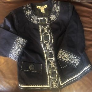 DAVID'S BRIDAL Women Petite Small Blazer Embroidery Large Buttons Navy White New